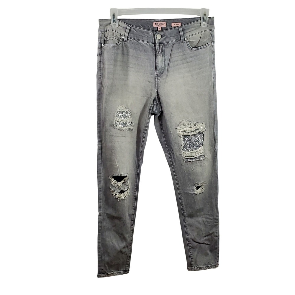 Juicy Couture Gray Wash Sequin Distressed Denim Skinny Jeans Size 10